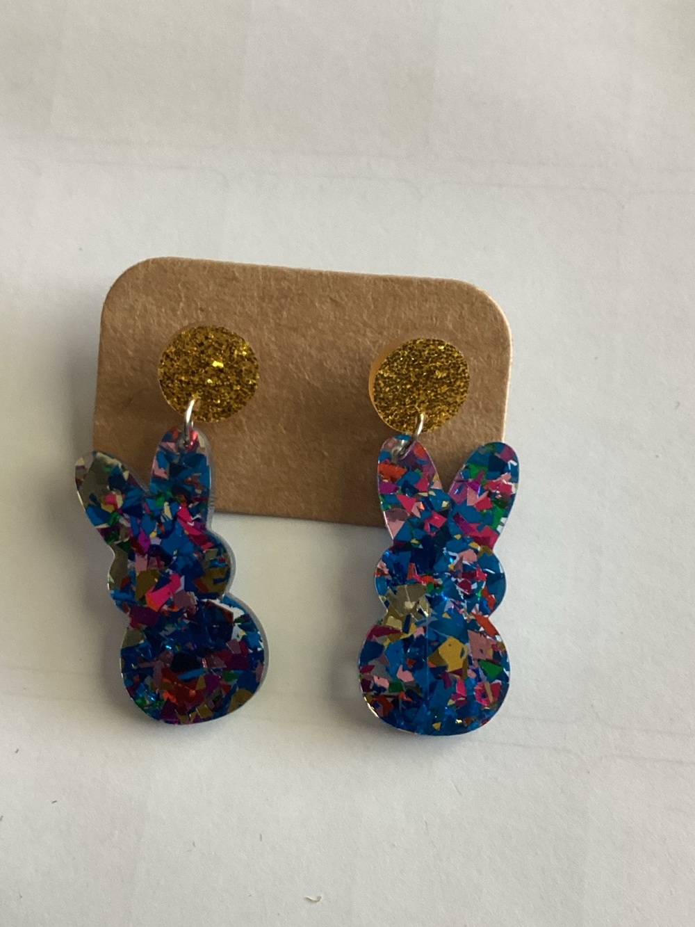 Confetti Blue Bunny Drop Earrings with Gold Glitter Studs
